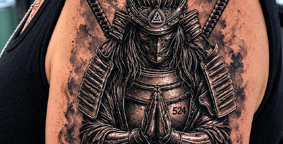 detailed tattoo of a lion and a warrior wearing armor with a sword and shield showcasing strength and bravery in intricate black and gray design featuring elements of battle and power 4 warrior art 4 tattoo design 4 lion imagery